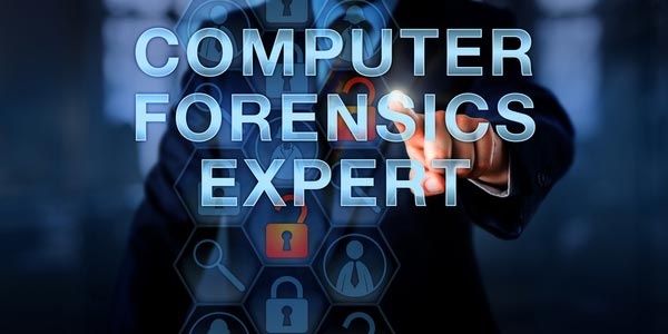 Investigator touching computer forensics expert on screen