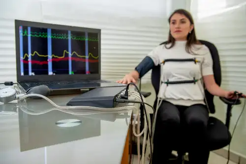 Woman Taking Polygraph Exam, Lie Detector Test