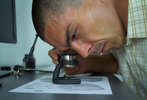 A private investigator examining fingerprints for a criminal case