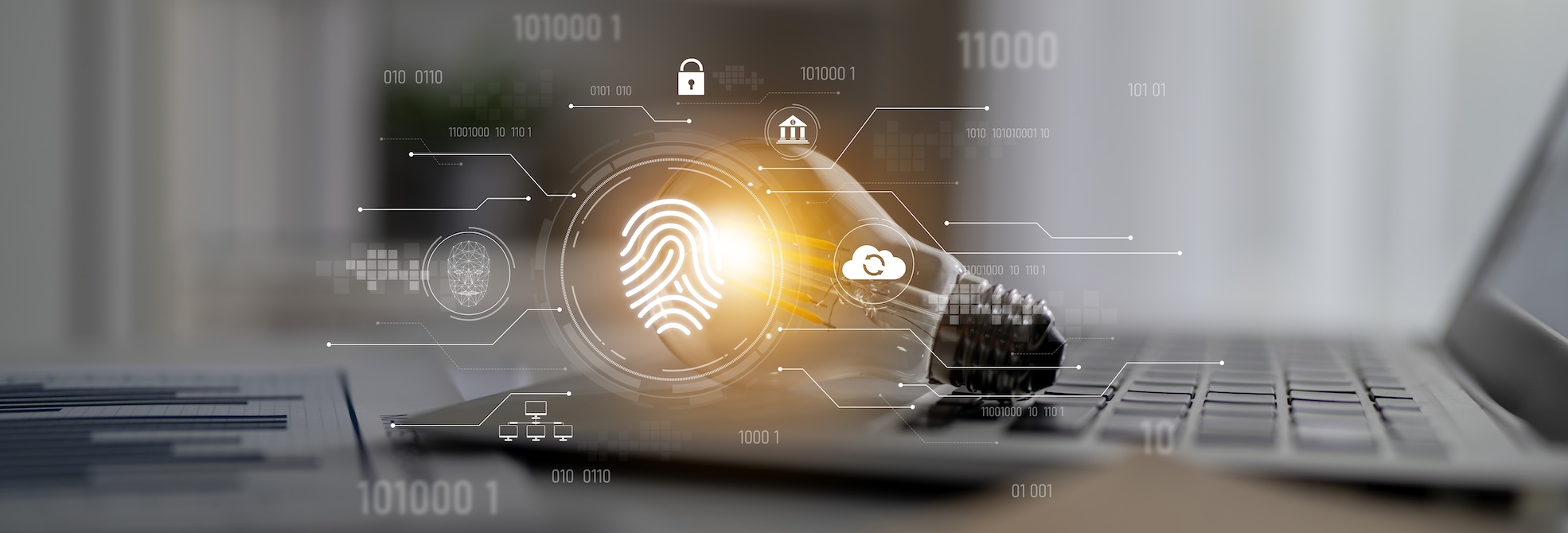 A laptop with a glowing digital fingerprint, lock icons, and security technology overlay representing employee theft of confidential information protection systems.