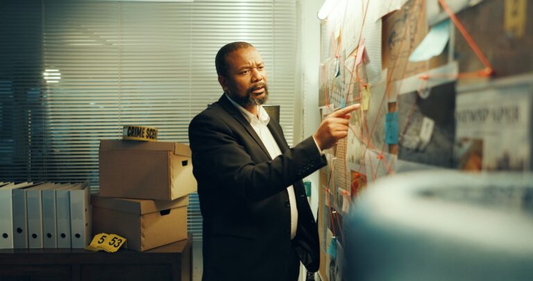 A male private investigator for judgment collection, examining evidence on a wall with red string connections, and crime scene boxes in the investigation office.