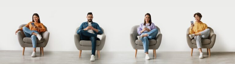 Four diverse people sitting separately in chairs, browsing dating apps on smartphones, displaying warning signs of online dating behavior, by isolating themselves.