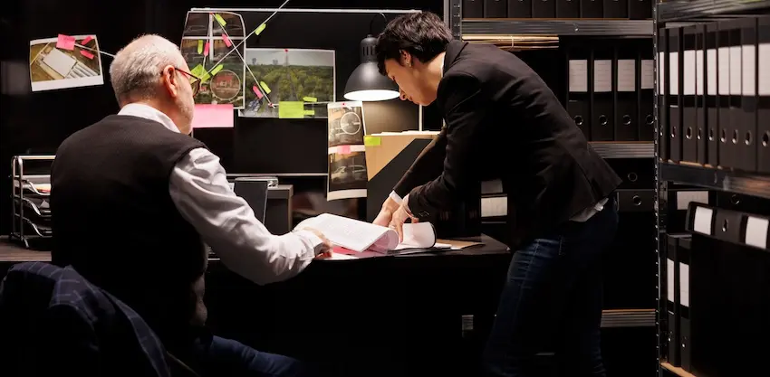 Employee documents are being reviewed by HR professionals during a confidential workplace investigation meeting.